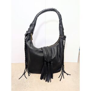 Big Buddha Black Vegan Leather Hobo Bag Whipstitch Tassels Braided Strap Boho